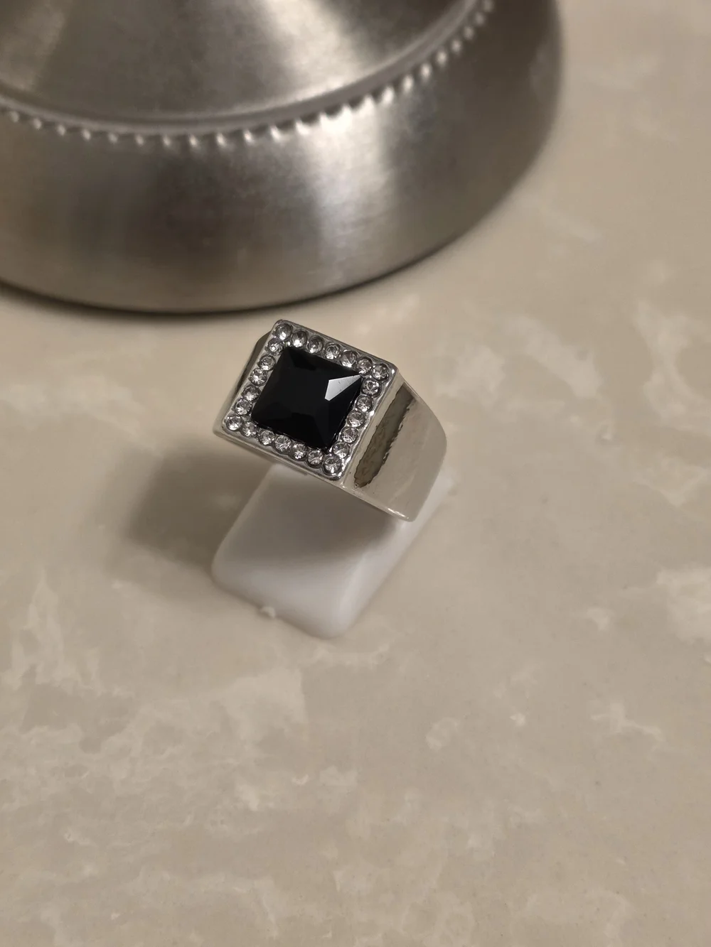Men's Silver CZ and Onyx Statement Ring Size 8